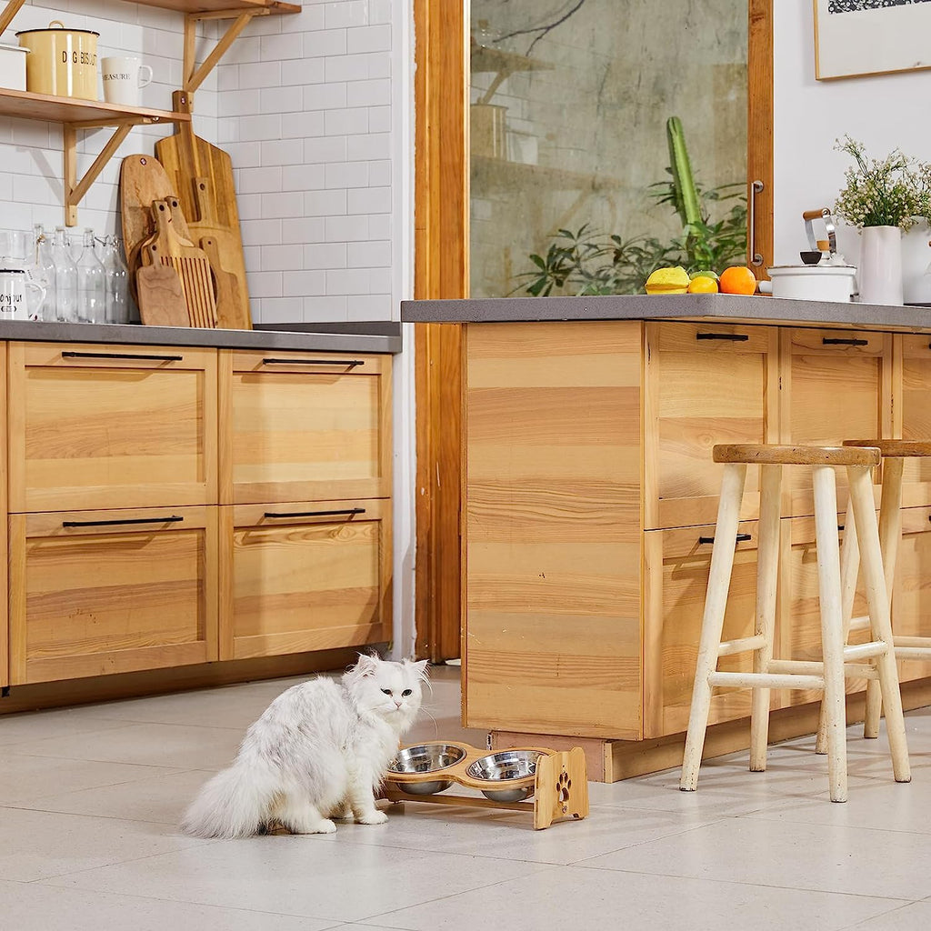 Eco-Friendly Adjustable Bamboo Elevated Dog & Cat Bowls (Size M)