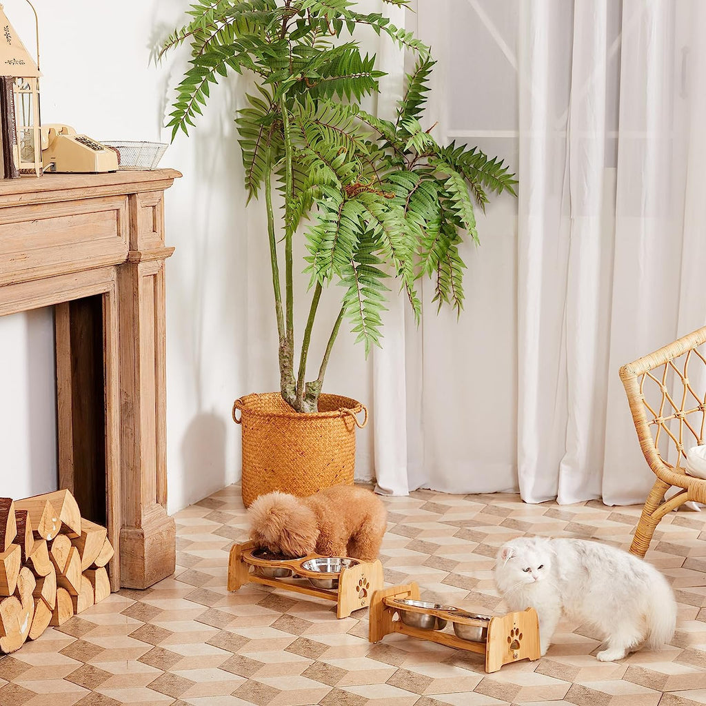 Eco-Friendly Adjustable Bamboo Elevated Dog & Cat Bowls (Size M)