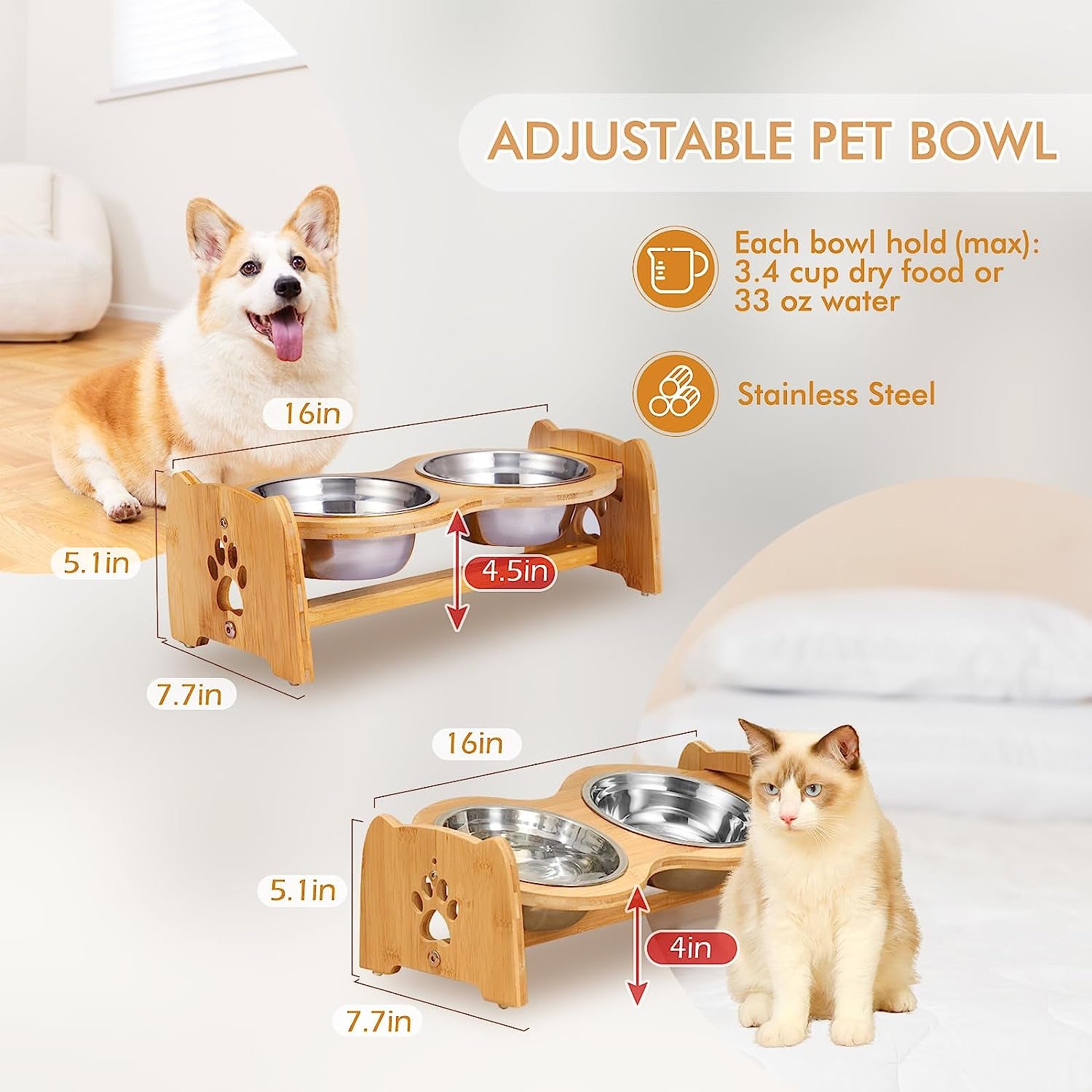 Eco-Friendly Adjustable Bamboo Elevated Dog & Cat Bowls (Size M)