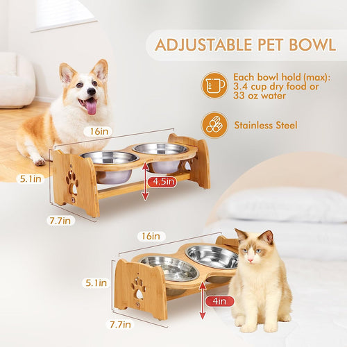 Eco-Friendly Adjustable Bamboo Elevated Dog & Cat Bowls (Size M)