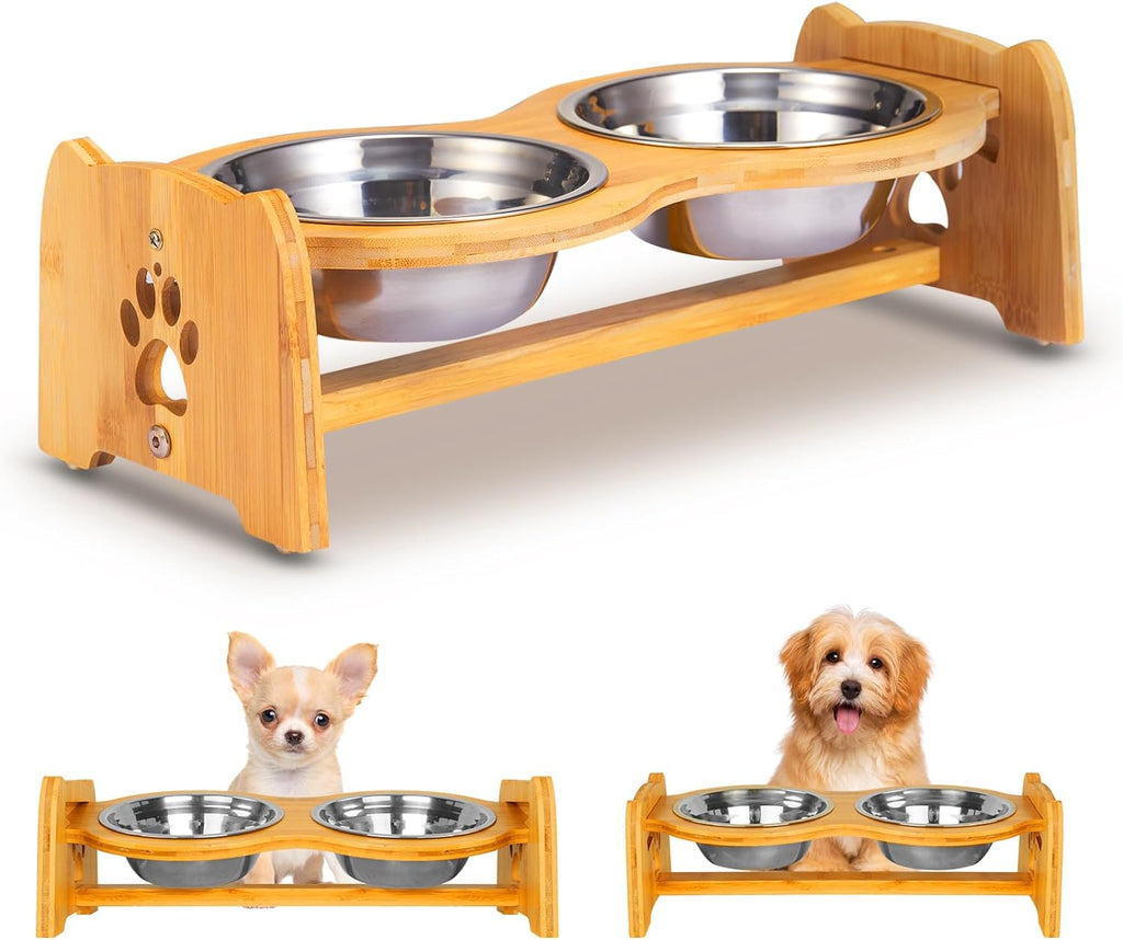 Eco-Friendly Adjustable Bamboo Elevated Dog & Cat Bowls (Size M)
