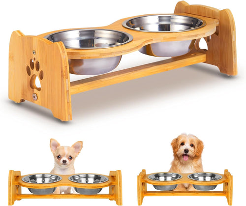 Eco-Friendly Adjustable Bamboo Elevated Dog & Cat Bowls (Size M)