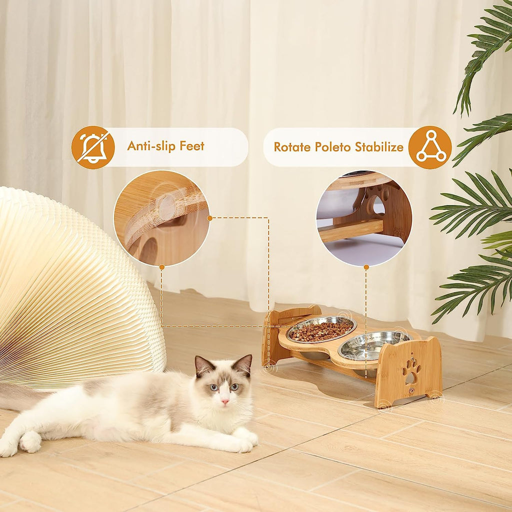 Eco-Friendly Adjustable Bamboo Elevated Dog & Cat Bowls (Size M)
