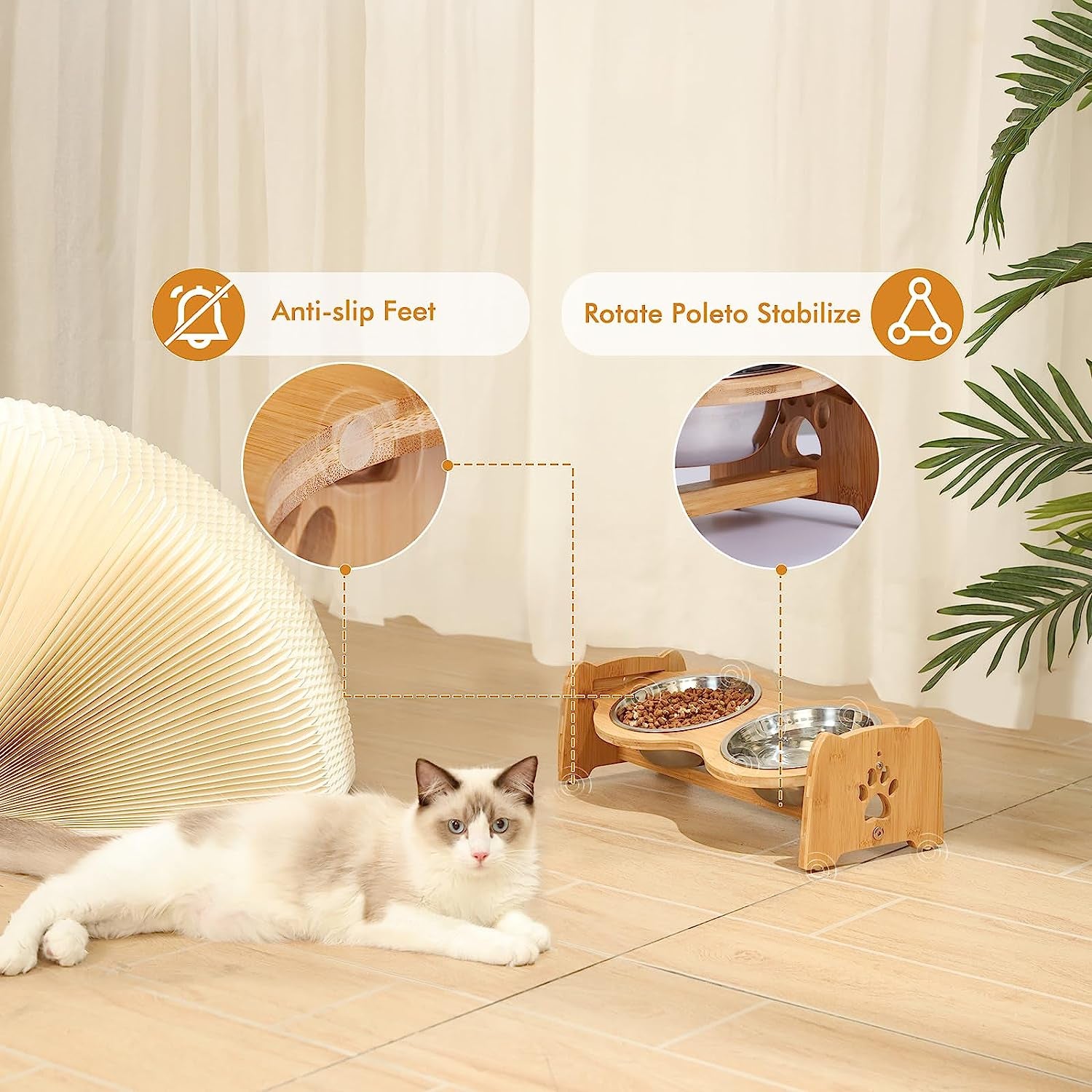 Eco-Friendly Adjustable Bamboo Elevated Dog & Cat Bowls (Size M)